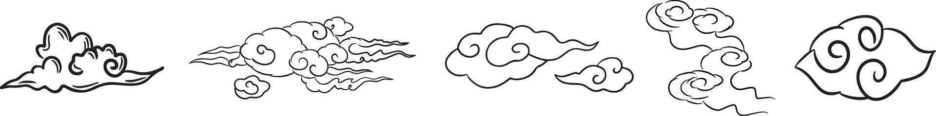 Collection hand drawn auspicious clouds. Set simple auspicious clouds isolated on white background. Drawing clouds icon vector