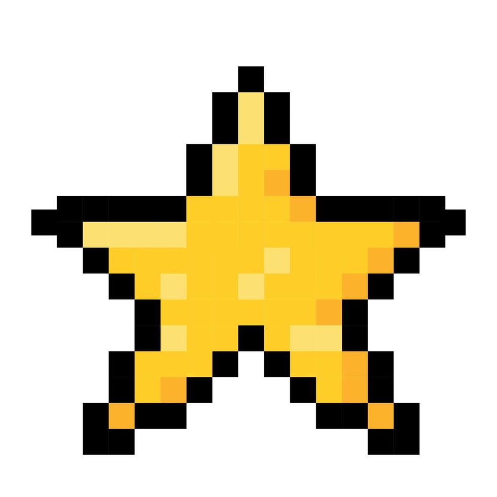 Pixel art golden star in a retro game style with a blocky digital appearance on a white background vector