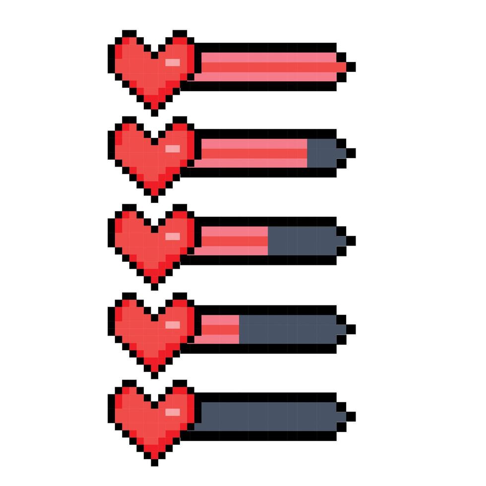 Pixel art heart health bar with decreasing levels in a retro game style on a white background vector
