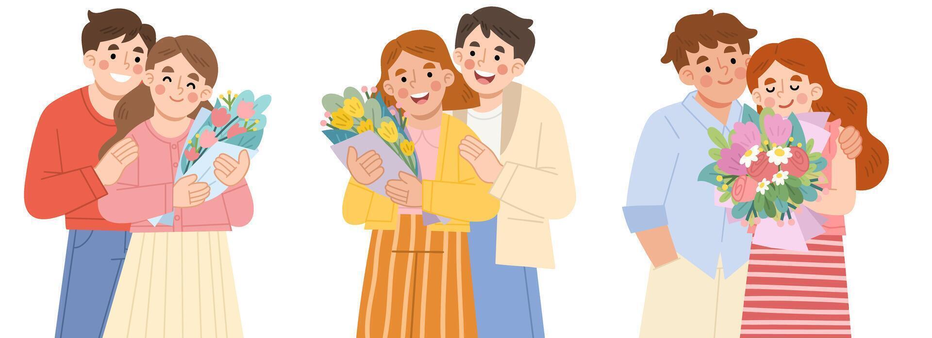 Illustration set of couple holding a bouquet of flowers vector