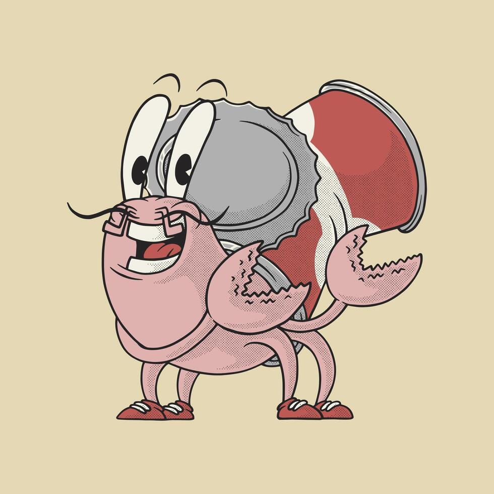 trash can hermit crab retro cartoon mascot vector