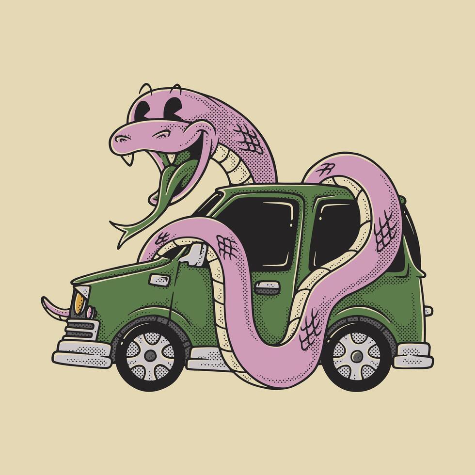 snake wrap around a car retro cartoon mascot vector