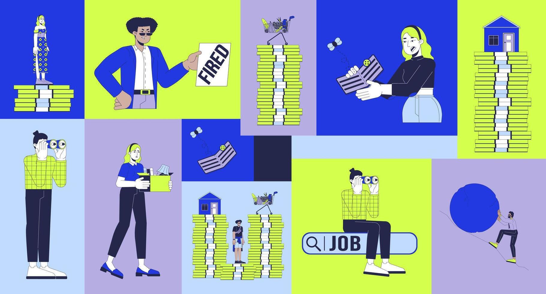 Stuff layoff crisis bento grid illustration set. Financial issues after dismissal 2D image collage design graphics collection. Corporate employees losing job flat characters moodboard layout vector