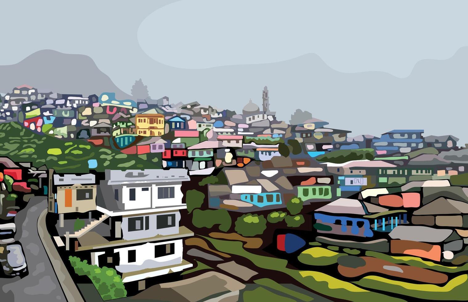 Building landscape colorful with grey sky and mountain at the background, illustration. vector
