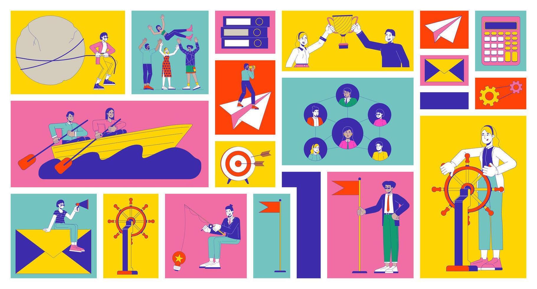 Business career bento grid illustration set. Success and leadership in corporate setting 2D image collage design graphics collection. Employees collaboration flat characters moodboard layout vector