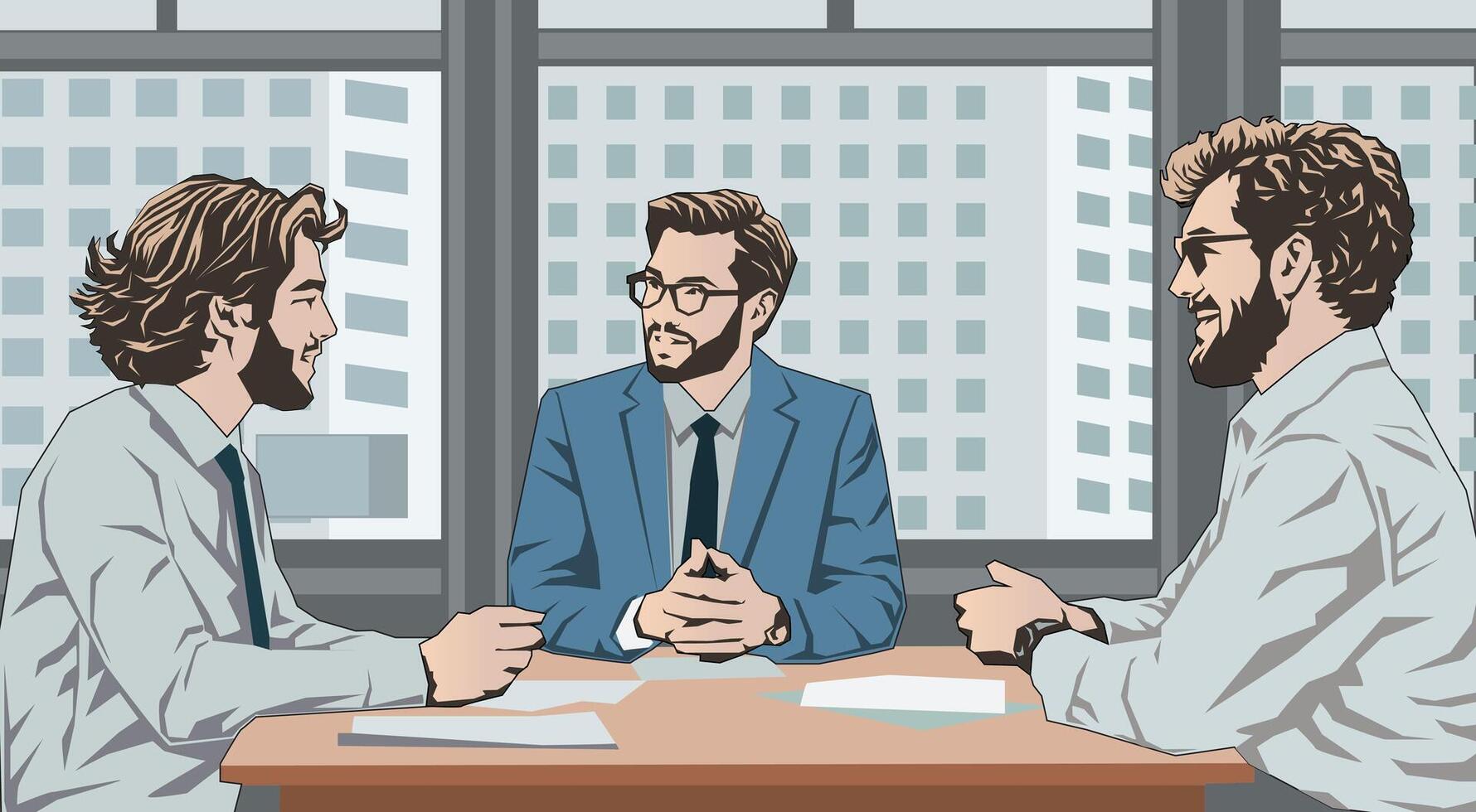 Young executive brainstorming meeting at the office, illustration. vector
