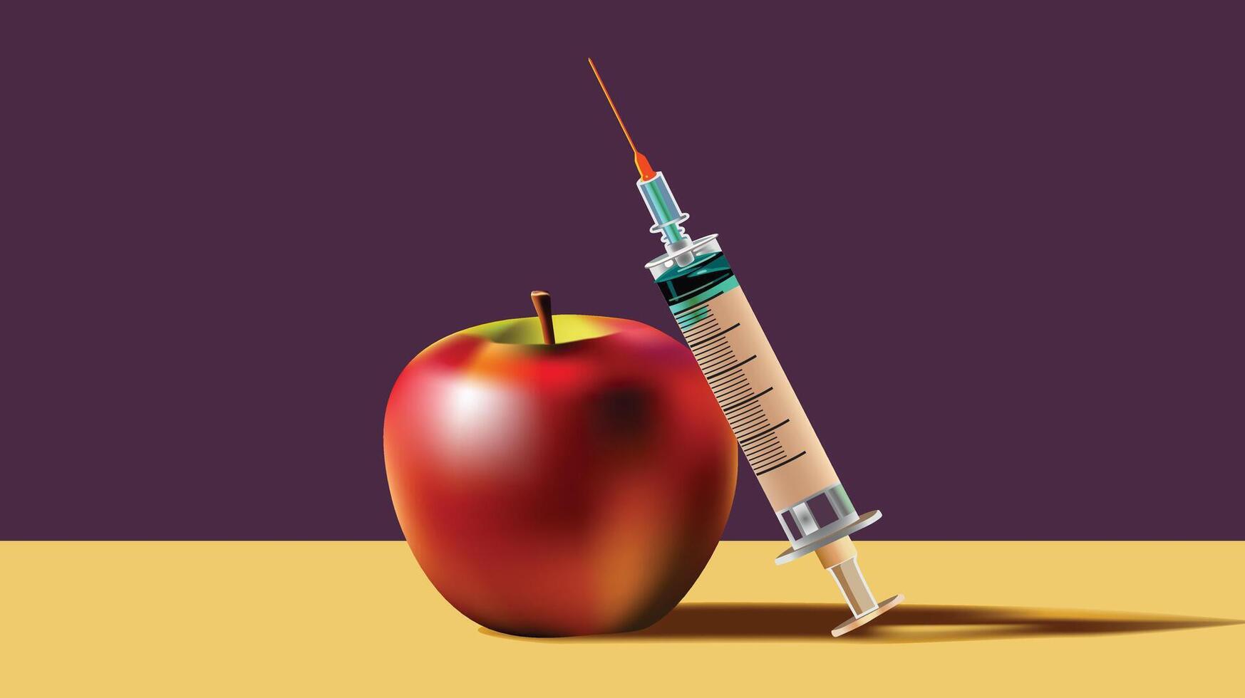 Apple fruit and syringe, Concept of genetically modified organism, illustration style. vector