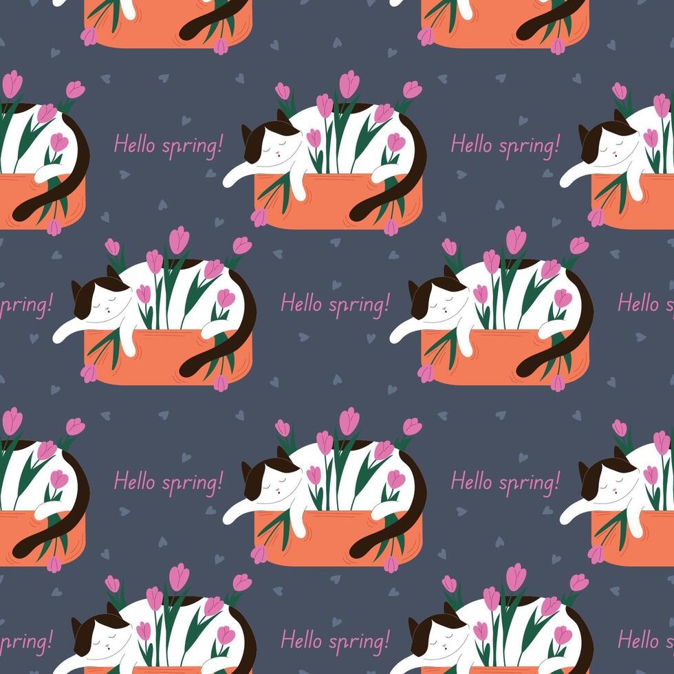 Seamless pattern of a cute sleeping cat in a flowerpot with tulip and heart with text Hello Spring in flat style. Perfect for seasonal decor, fabric and stationery design. vector