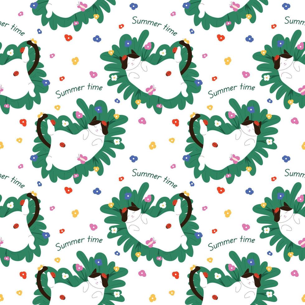 Seamless summer pattern with a cute white cat relaxing on green grass with colorful flower and text Summer Time. Ideal for seasonal prints, fabric, textile and home decor on white background. vector