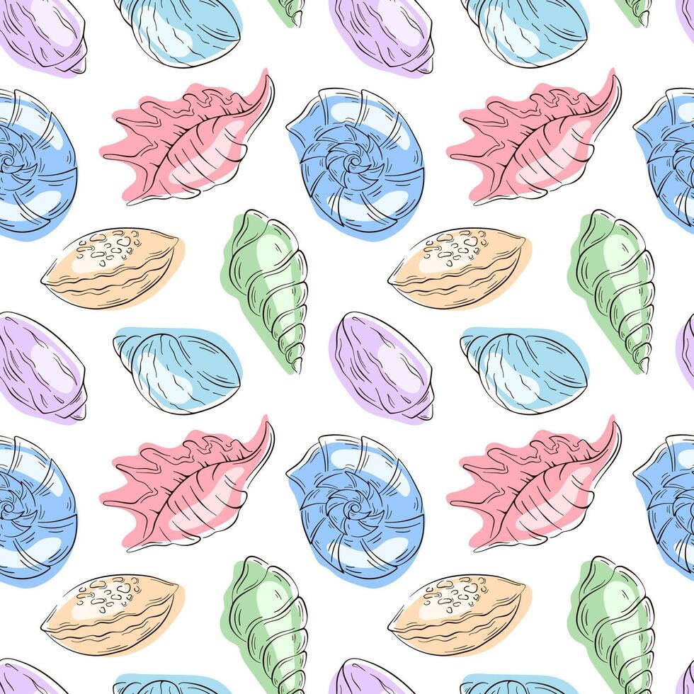 Seamless seashell pattern in flat style. Hand drawn summer sea themed design for textile, wrapping, card on white background. vector