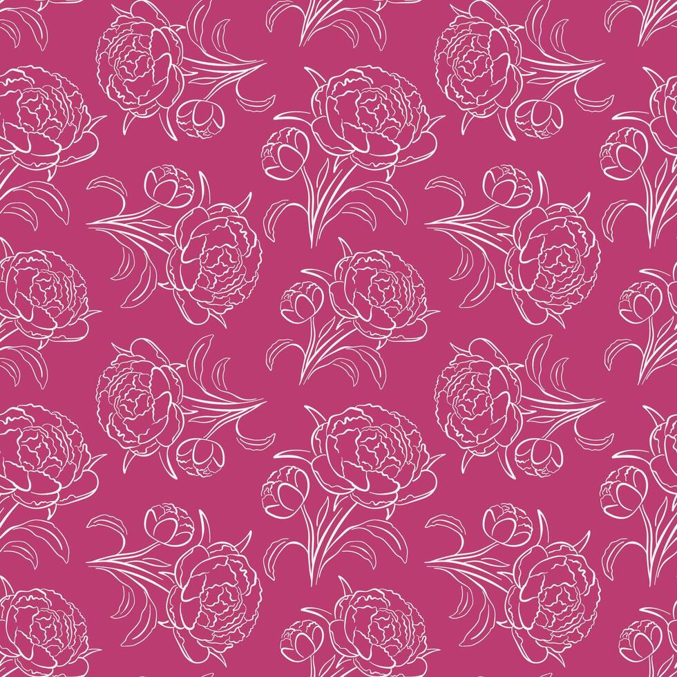 Peony flower seamless pattern in line art style on pink background. Design for wrapping paper, wedding invitation, textile, fabric, postcard. vector
