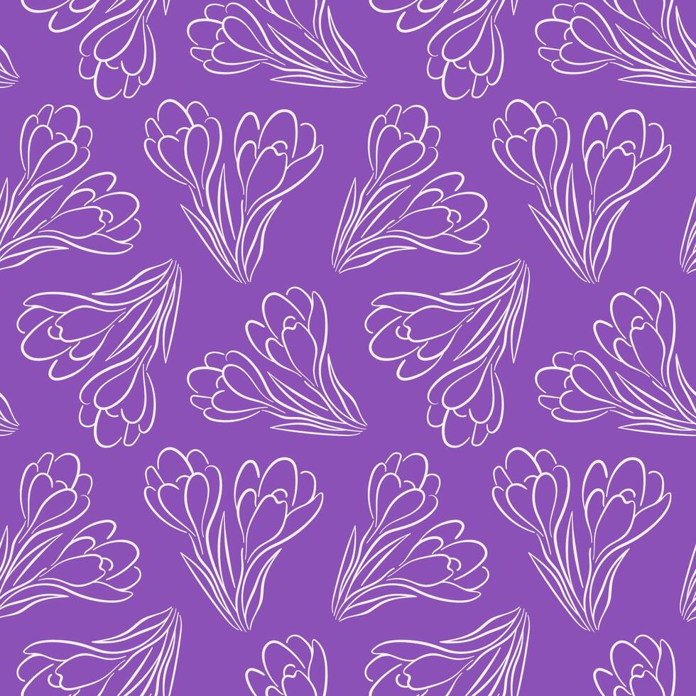 Seamless floral pattern with crocus or saffron flower in line art style on purple background. Spring design for wallpaper, wrapping and textile. vector