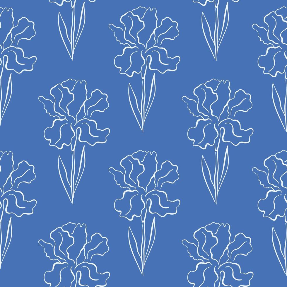 Elegant seamless line art style pattern with iris flower and leaf. Hand drawn illustration for textile design, wallpaper, packaging and spring background. vector