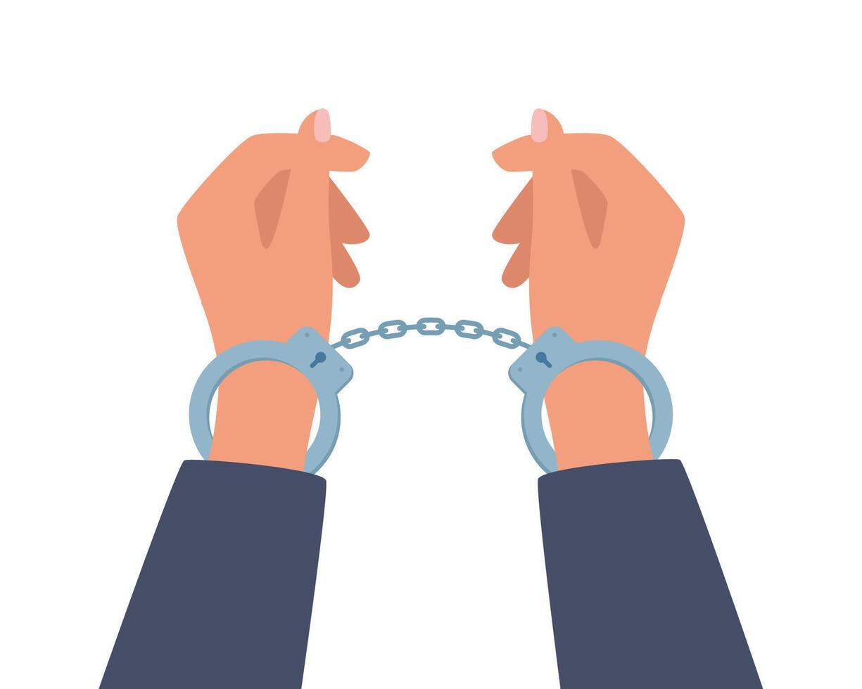 Hands in handcuffs. Arrested man in metal handcuffs. Concept of arrest. Crime, corruption. illustration. vector