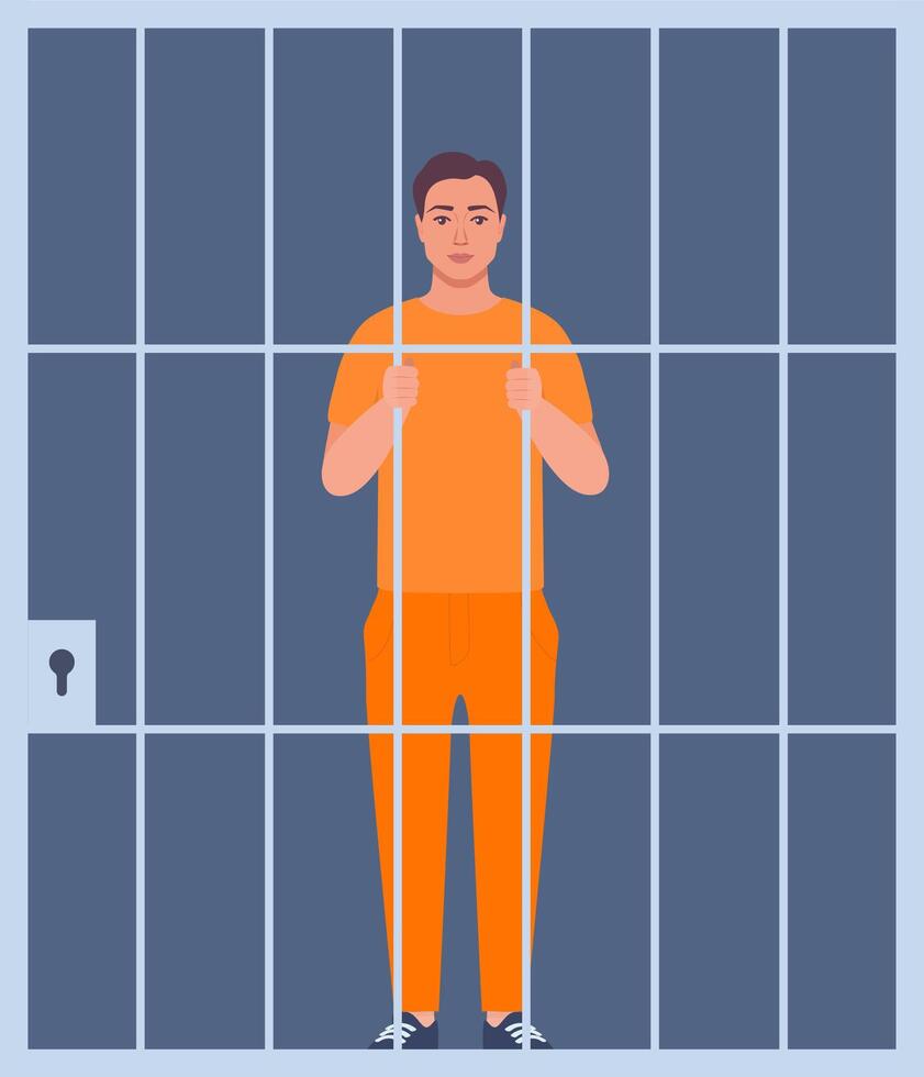 Prisoner in orange uniform behind bars of a prison cell. Punishment system for crime and law breaking. Arrested guilty man. illustration. vector