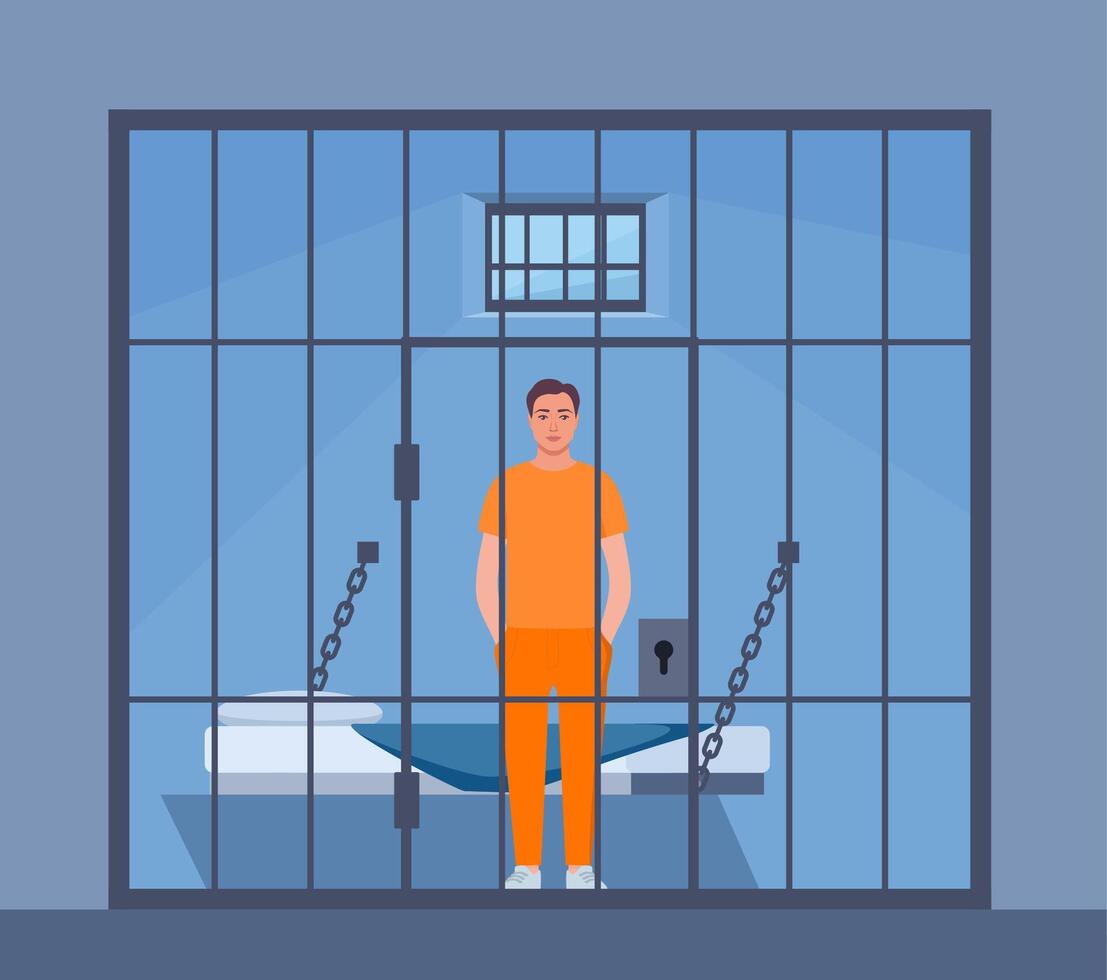 Man prisoner in orange suit behind bars of a prison cell. Punishment system for crime and law breaking. Arrested guilty man. illustration. vector