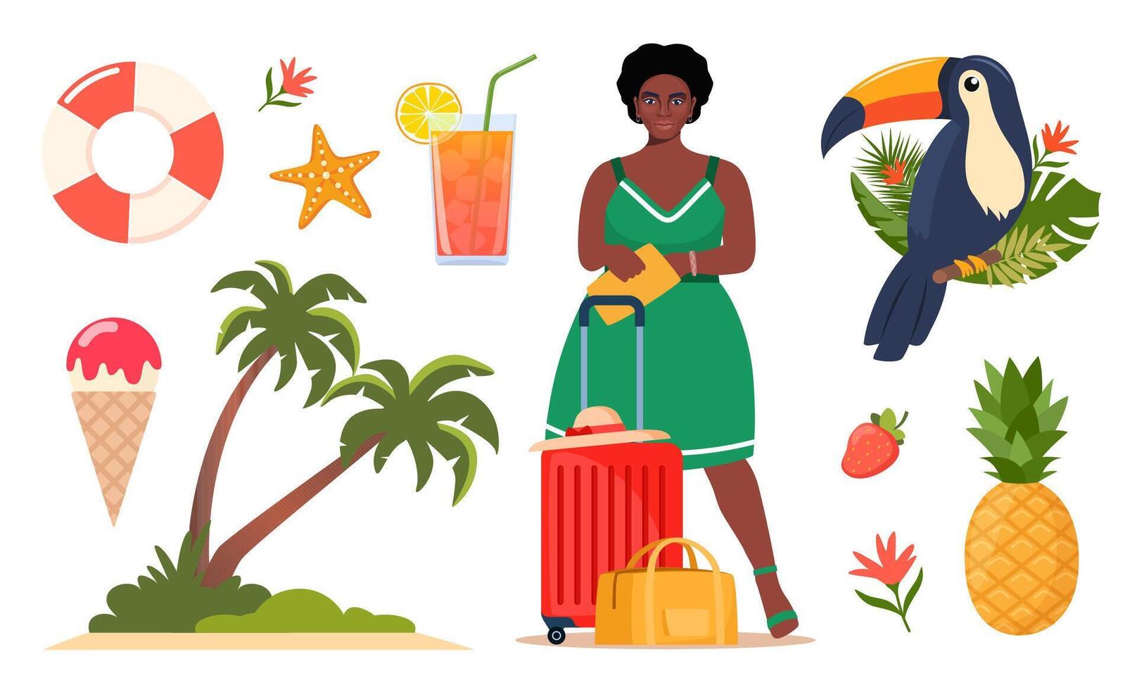 Summer icons. Black woman with suitcase, flamingo, toucan, tropical palm leaves, pineapple, ice cream, cocktail, palm, watermelon, hat, swimsuit, flower. Concept of adventure, journey, summer trip. vector