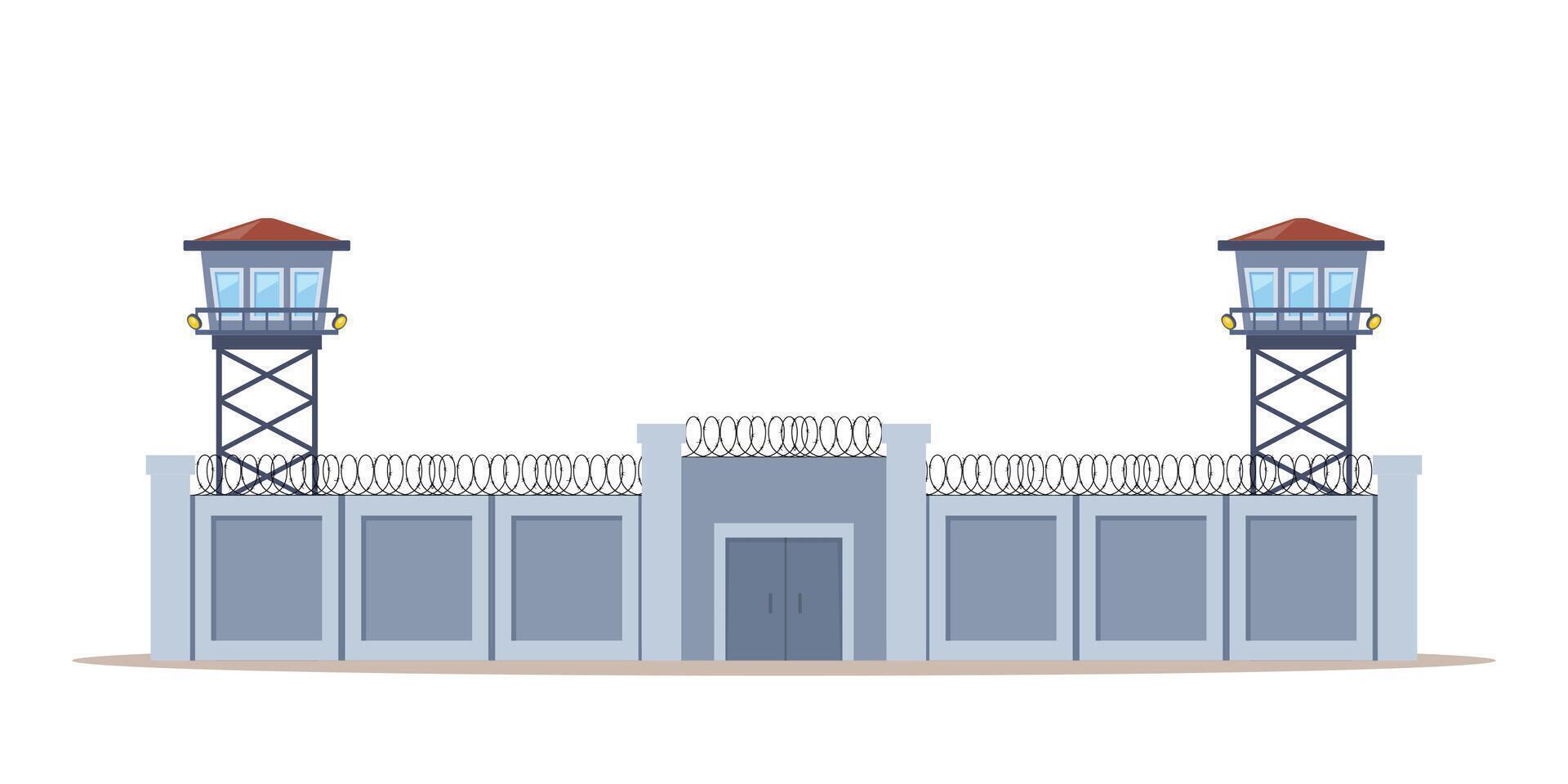 Prison fence with checkpoint, watchtower, block post, gate. Fence wire mesh barbed wire. illustration. vector