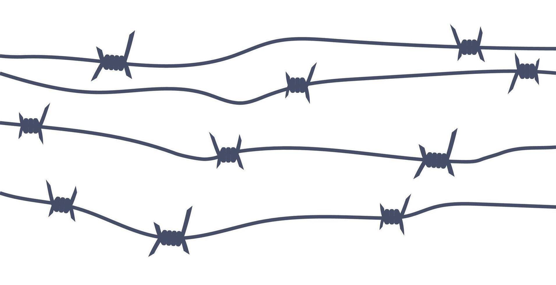 Barbed wire metallic border, sharply barb wire fencing. Prison barbed wire. Twisted steel protective barrier with spikes. Design for military, secure object, prison. illustration. vector