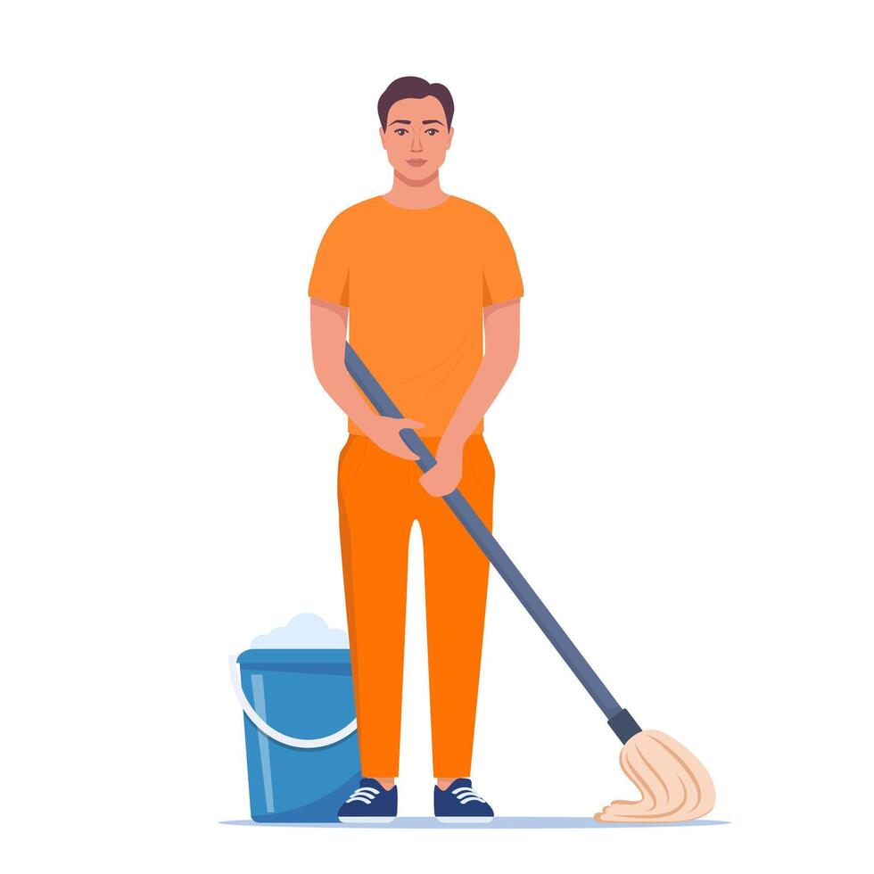 Man cleaner dressed in orange prisoner uniform. Mopping the floor. Nearby is a blue bucket and water. illustration. vector