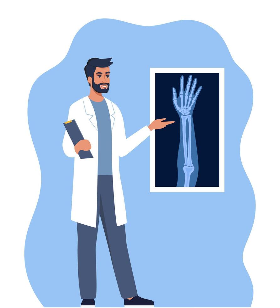 Doctor presenting human xray shot, gives a training lecture about anatomy. X ray human hand. Medical seminar, lecture. illustration. vector