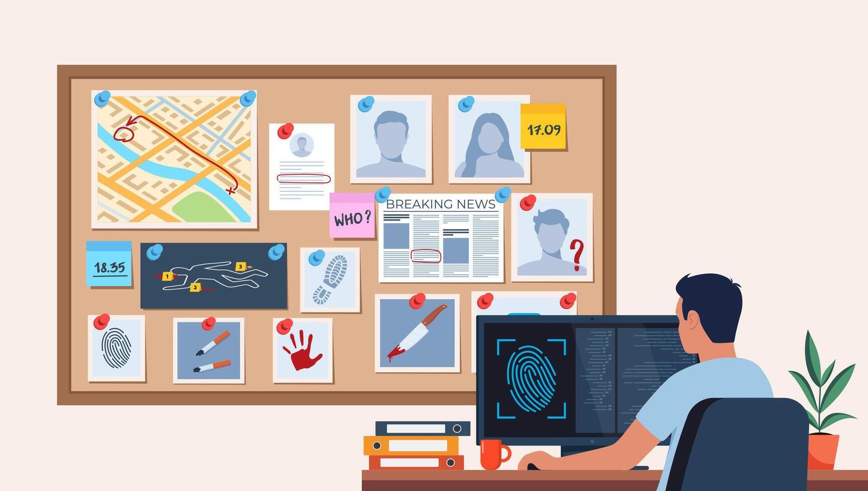 Investigation department office with investigation board. Police officer viewing suspect fingerprints on computer screen, analyze criminal case information. illustration. vector