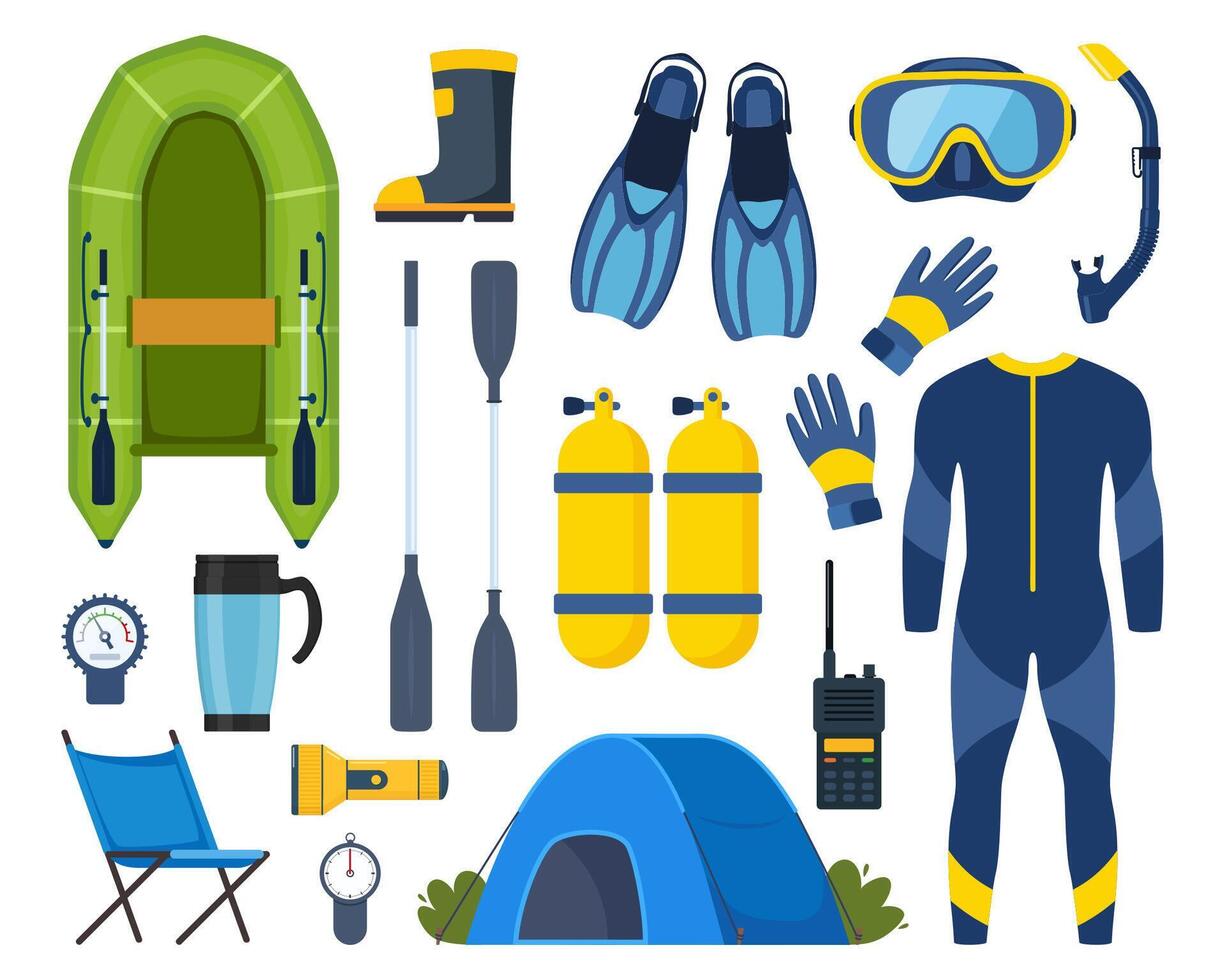 Diving gear and accessories. Diver, aqualung, oxygen cylinders, wetsuit, scuba mask, snorkel, boat, camp, vest, flippers, life jacket, fins, boat, etc. illustration vector