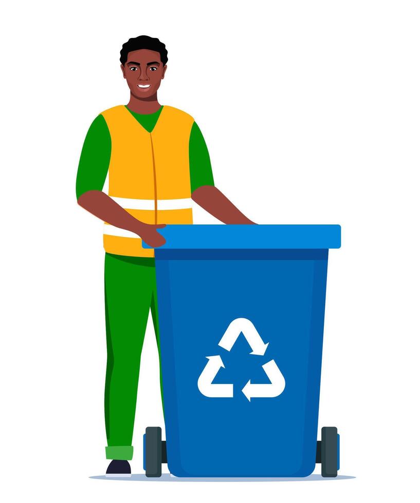 Garbage man in uniform with blue trash bin and recycling symbol on it. Garbage sorting. Zero waste, environment protection concept. African American man worker. illustration. vector