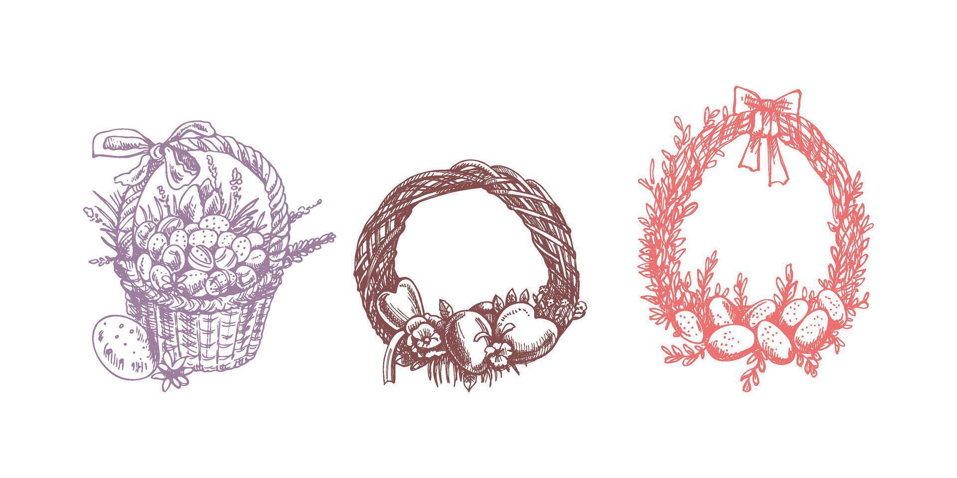 Hand drawn Easter wreaths and decorative basket with eggs and flowers in vintage style vector