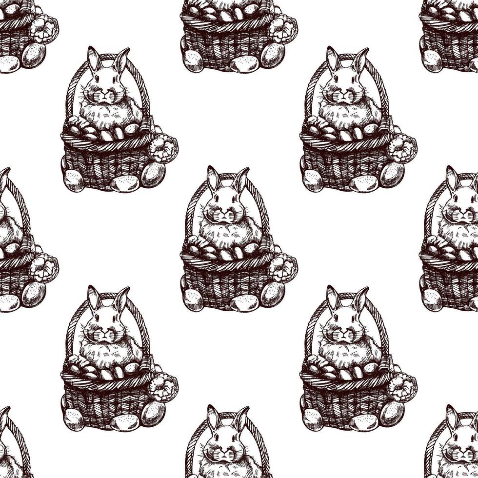 Hand drawn vintage seamless pattern of Easter bunny in basket vector