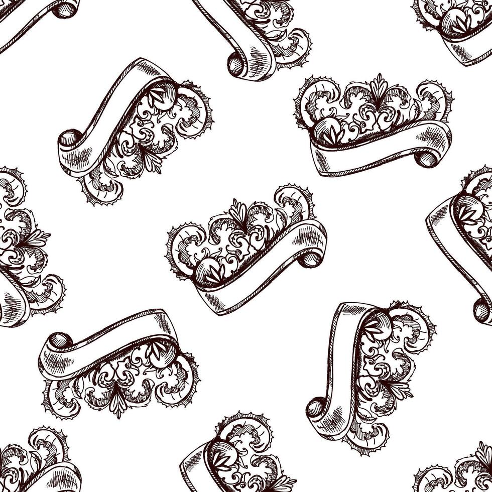 Seamless pattern of vintage floral ornament with scroll ribbon banner vector