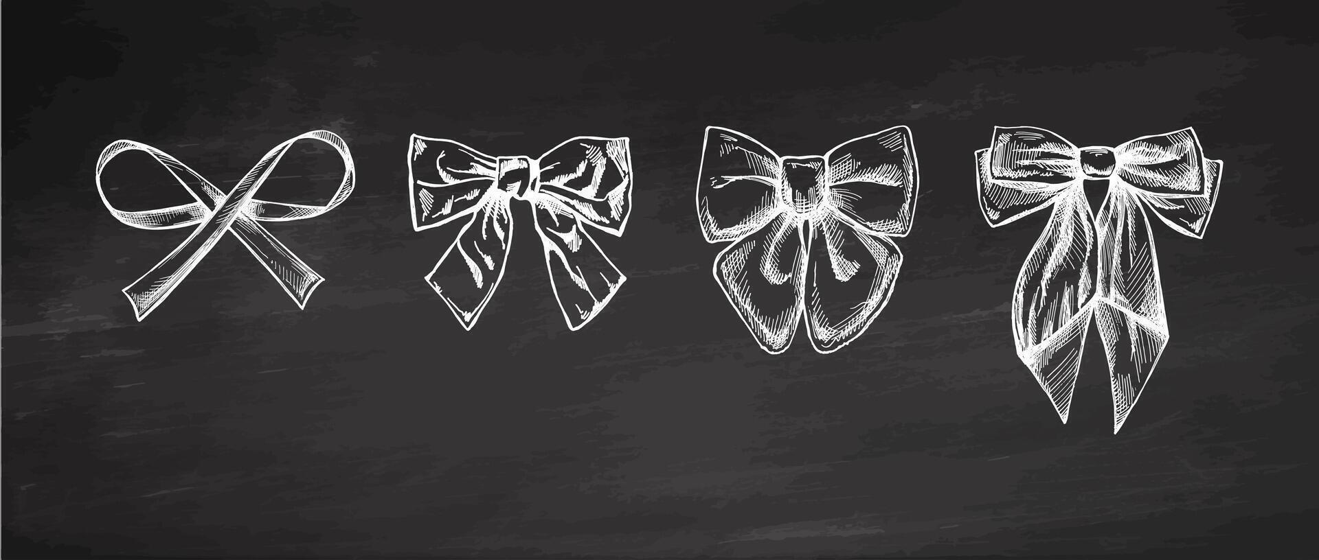Vintage chalkboard hand drawn bows and ribbons illustration set for decoration and design vector