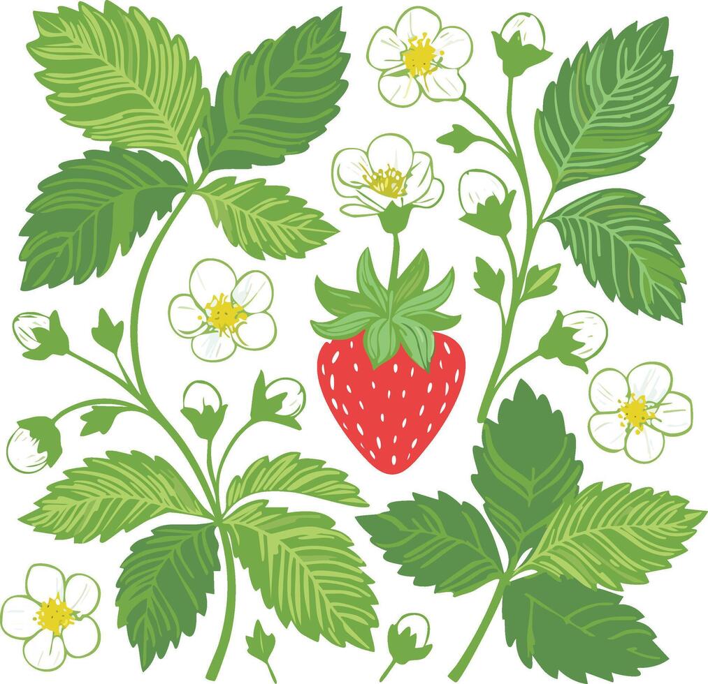 whimsical strawberry vines illustration pattern vector