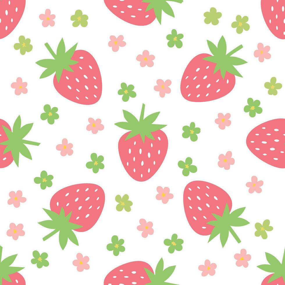 cute whimsical strawberries and flowers pattern vector