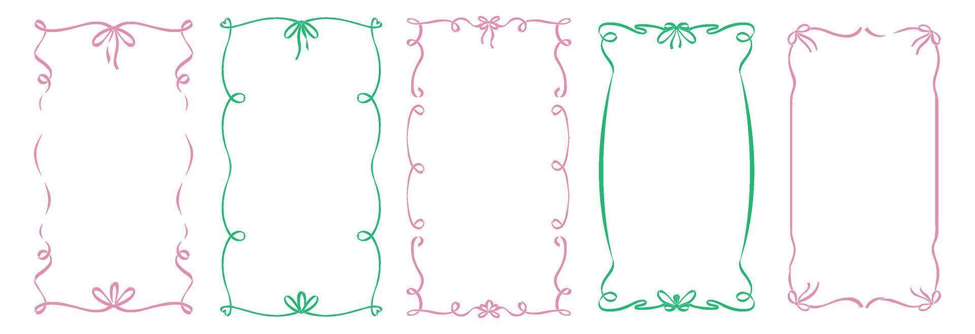 Quirky trendy Frames set, Hand Drawn pink and green Borders with bows for Wedding Invitation, Whimsical frames for birthday card, Squiggly and Wavy Borders. Minimalist line art. Flat vector