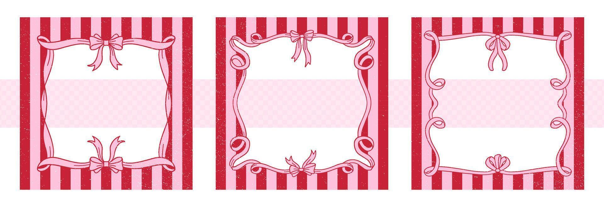Set of square aged grunge texture frames with bow on striped background. Hand drawn illustration. Wedding celebration, holiday, party decoration, gift, Valentine s day. vector