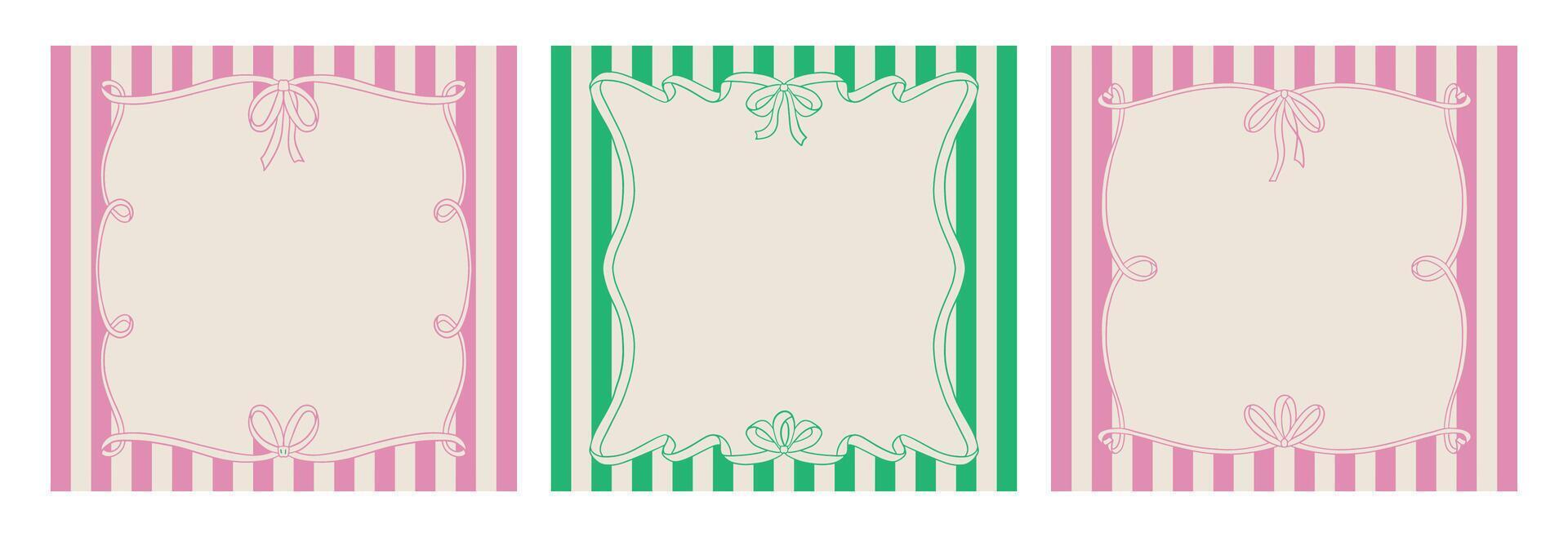 Set of hand drawn square quirky frames on striped backgrounds. illustration of vintage wavy bows. Valentines day greeting card templates in coquette aesthetic vector