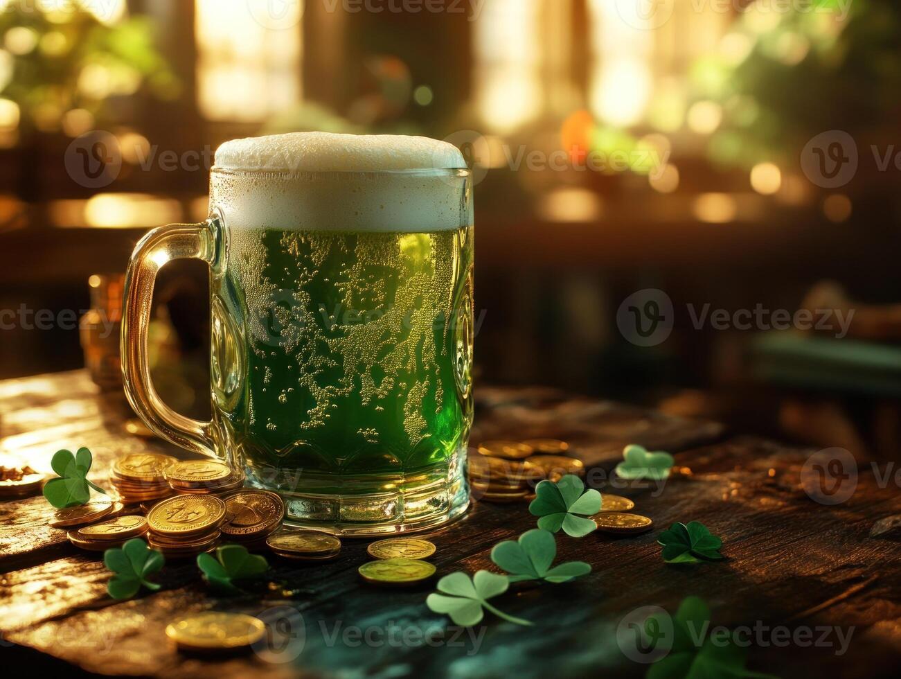 St. Patricks day festive green beer with frothy head and shamrock decor on rustic table photo