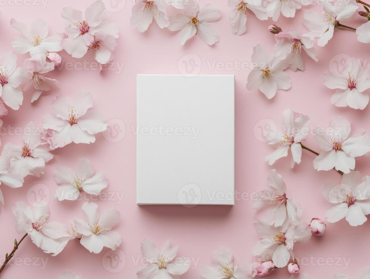 Minimalist product box mockup with floral cherry blossoms on pink background for branding design photo