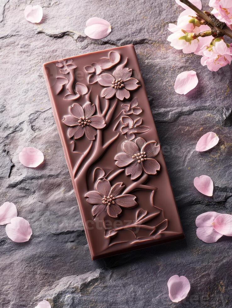 Handcrafted sakura flavored chocolate bar with intricate floral design for gourmet gift giving photo