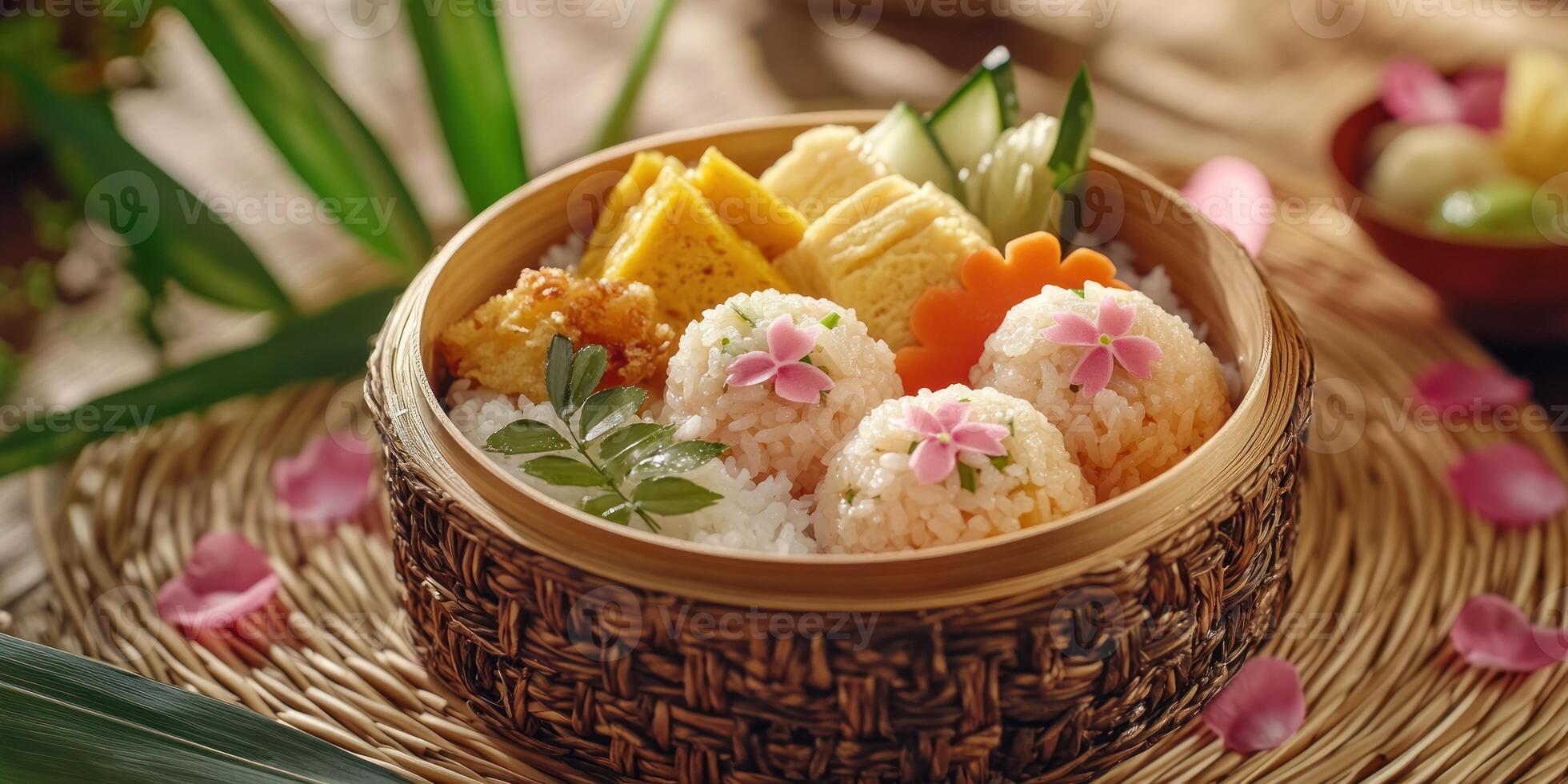 Traditional Japanese bento box with sakura blossoms for culinary delights and cultural experience photo