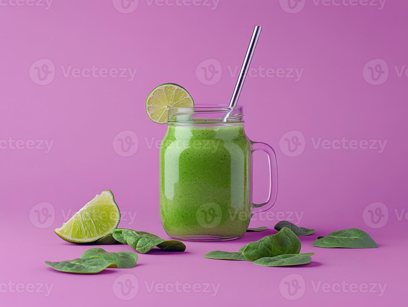 Refreshing green smoothie in glass jar with metal straw and lime on vibrant pink background photo
