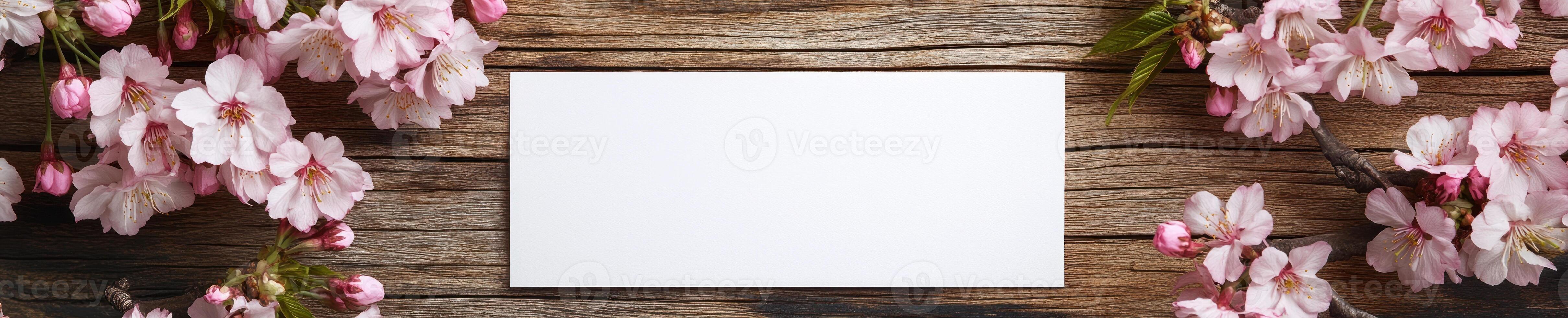 Sakura themed greeting card mockup on rustic wooden background for elegant designs photo