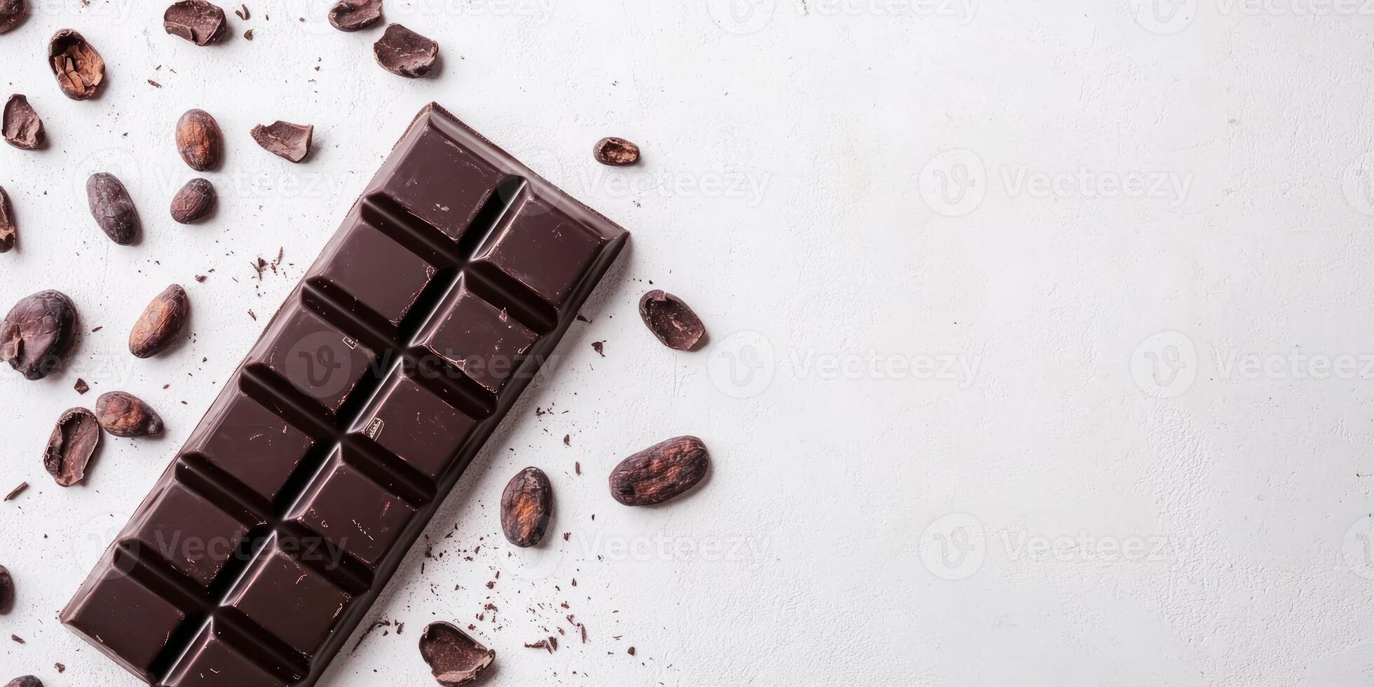 Modern branding mockup with unwrapped chocolate bar and cocoa beans on white background photo