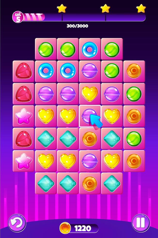 Match3 Candy Puzzle Game Screen, Candy themed. UI game, buttons and set of colored candys vector
