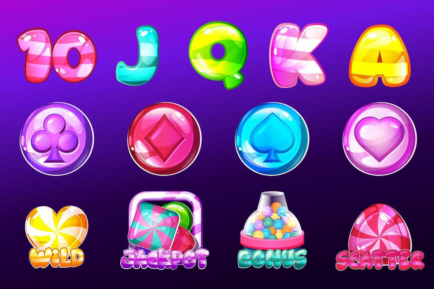 Set slot symbols for candy themed games. Candy symbols. Candy, playing card symbols, 10,J,Q,K, and A symbols like sweet. vector