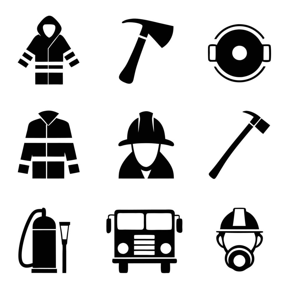 Firefighter Symbols and Equipment Silhouette Set vector