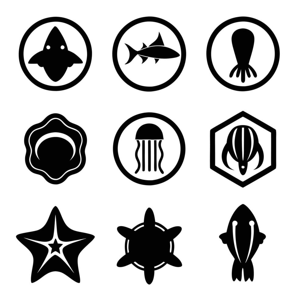 Sea Life Silhouette Collection Icons of Marine Creatures vector