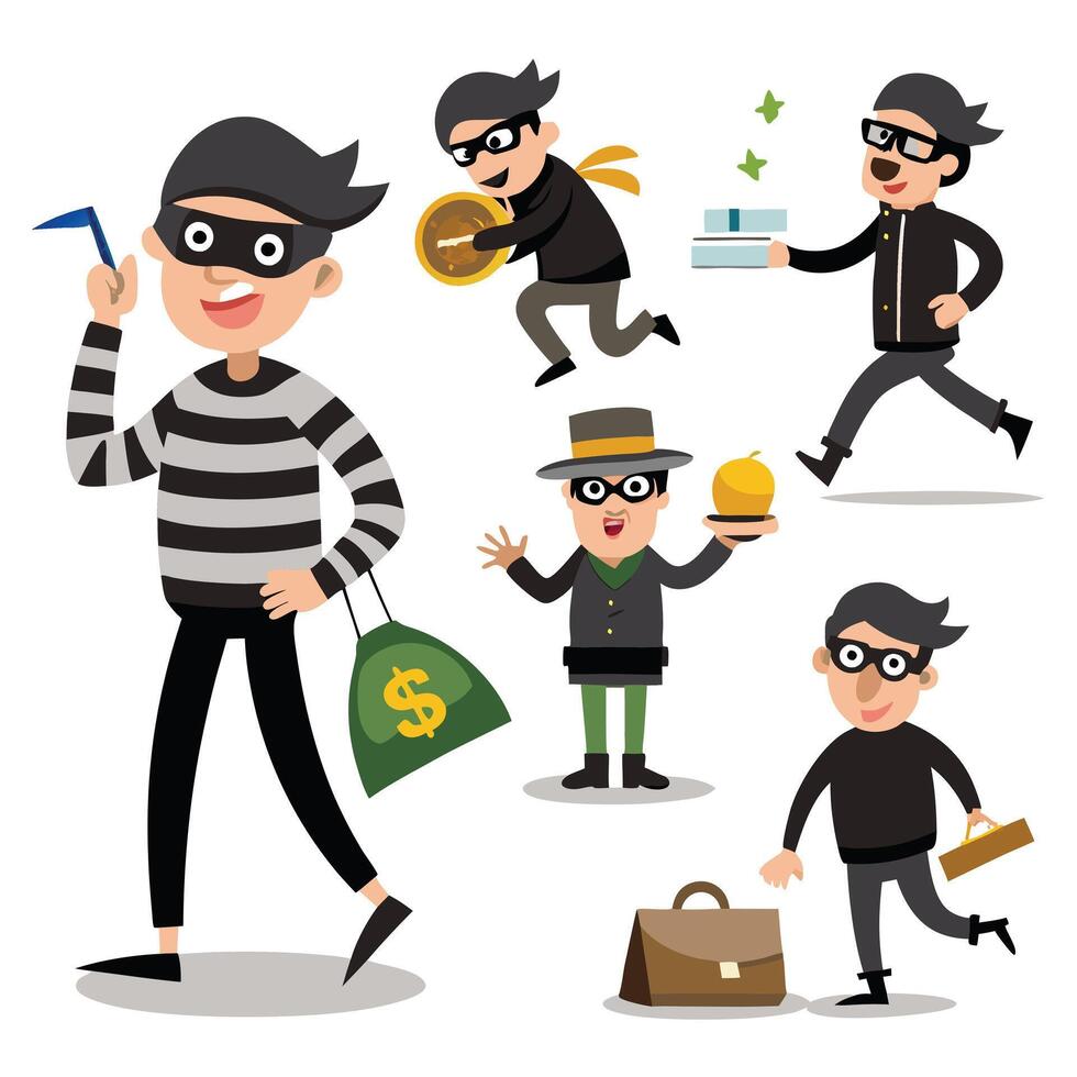 Robber Character Set Animated Thief in Motion vector