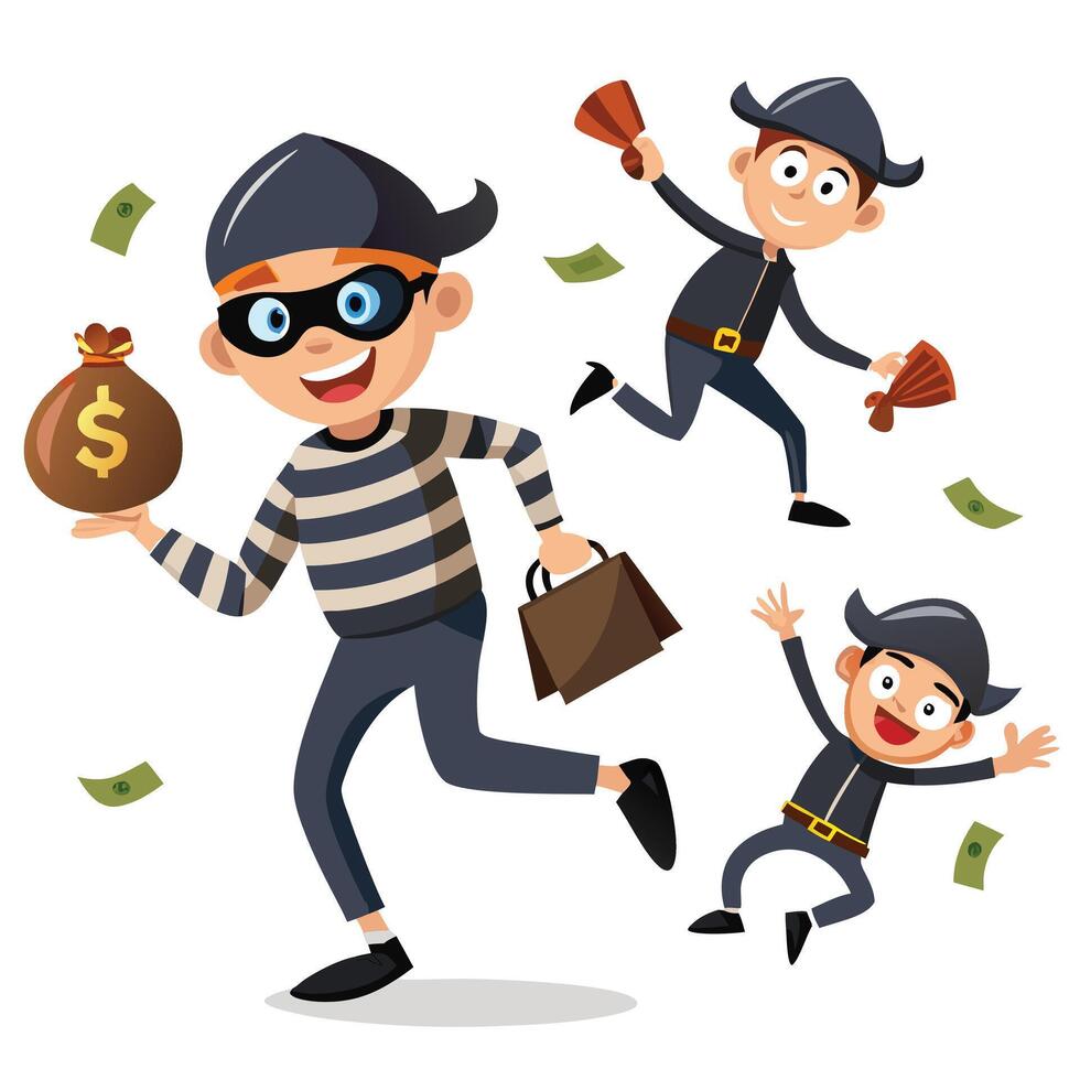Comic-Style Thief Illustration Set with Different Poses vector